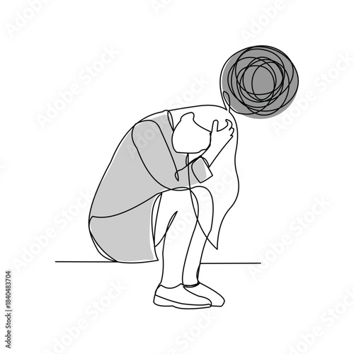 Continuous single line sketch drawing of business woman in depression, stressed, and despair. One line art vector illustration editable stroke