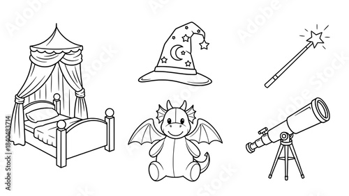 Line drawing set of children's fantasy room items: canopy bed, wizard hat, magic wand, dragon plush toy, and telescope