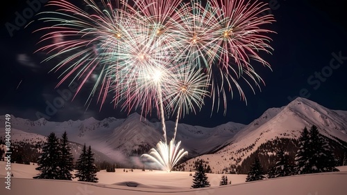 Vibrant fireworks display over snowy mountain landscape at night