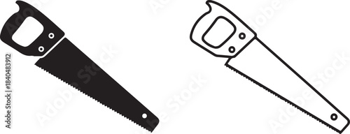 Black Silhouette and Outline of a Hand Saw on White Background tool carpentry