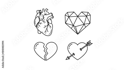 Set of four line-art heart illustrations: anatomical heart, geometric polygon heart, broken heart, and heart with arrow