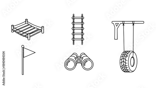 Line art icons of playground equipment and outdoor items: sandbox, vertical ladder, flag, binoculars, and tire swing
