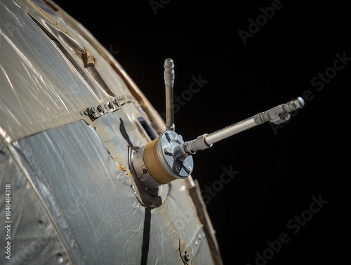 Detailed model of a space station on a reflective surface with soft lighting showcasing various components