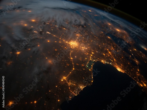 A view from space shows a city at night, with bright lights scattered across the land. The dark sky contrasts with the glow of streets and buildings below.