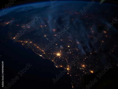 A view from space shows a city at night, with bright lights scattered across the land. The dark sky contrasts with the glow of streets and buildings below.