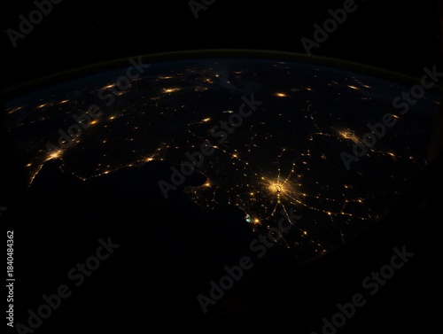 Night view of a city illuminated by lights from space during the dark hours