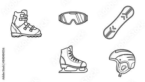 Line art icons of winter sports gear: ski boot, goggles, snowboard, ice skate, and helmet