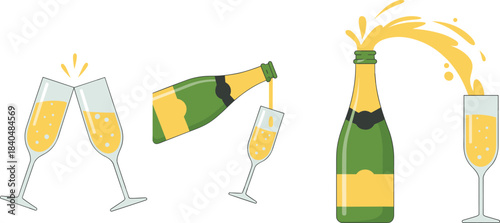 Champagne celebration scenes with clinking glasses, pouring bottle, explosive spray, festive toast and drink vector illustration set