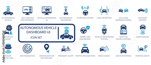 Autonomous Vehicle Dashboard UI icon set. Includes symbols for self-driving, AI navigation, collision warning, adaptive cruise control, Lidar, Radar, and smart car systems.