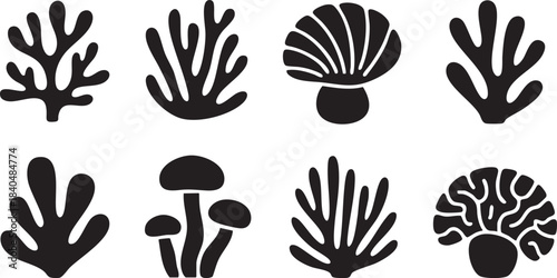 Coral reef or seaweeds vector underwater plant icons. Naive style leaves, algae or fronds. Hand drawn vector ink illustration. Modern style organic corals, aesthetic underwater plants and branches