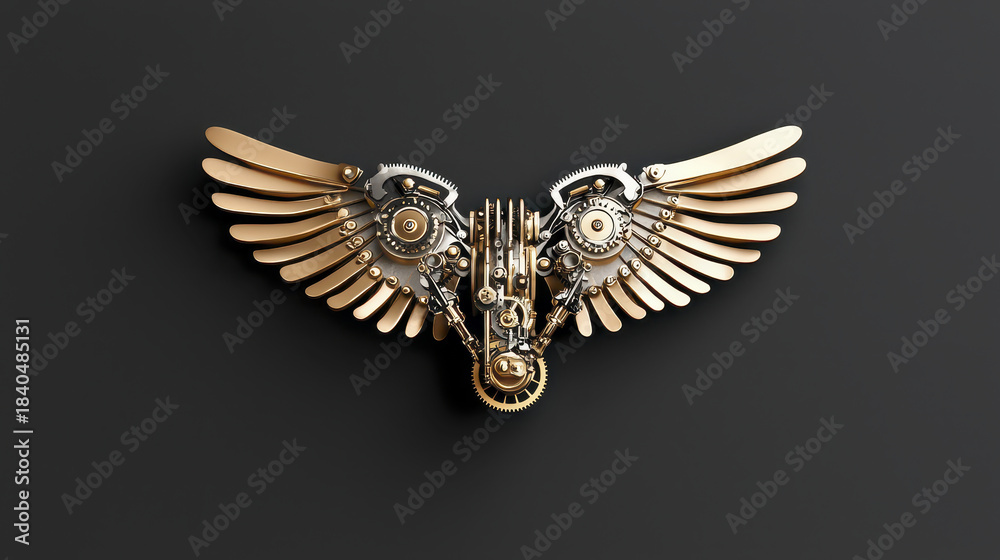 Obraz premium Intricate mechanical wings showcase blend of metal and gears, symbolizing innovation and creativity