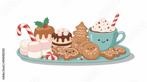 Cute Holiday Dessert Platter Vector — Kawaii Christmas Sweets, Festive Treats Illustration, Pastel Winter Dessert Art