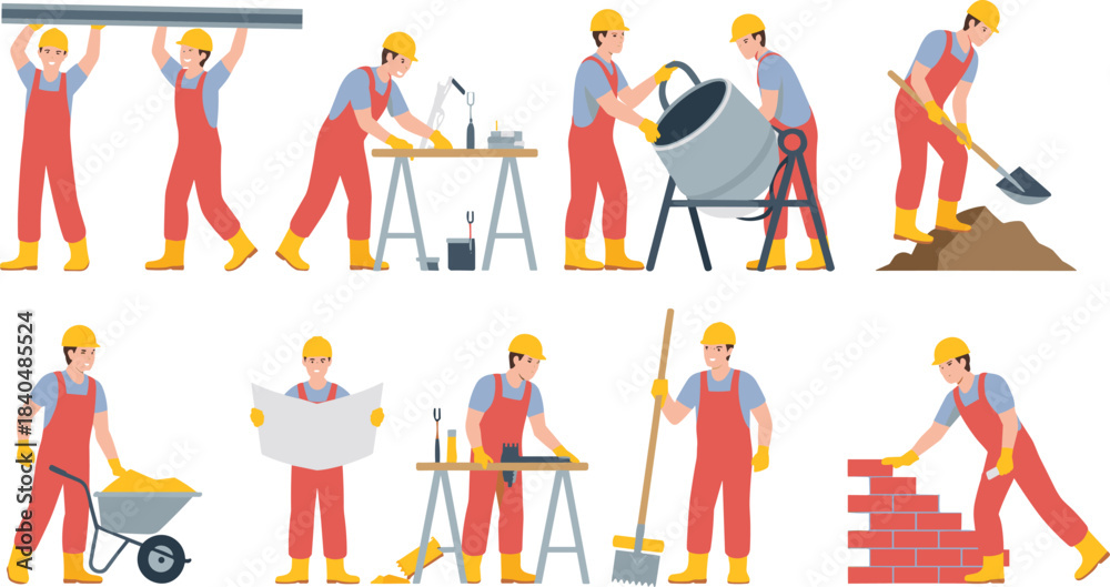 Naklejka premium Construction workers performing various tasks with tools, safety gear, teamwork and building activities vector illustration set