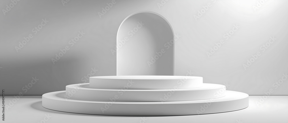 Obraz premium Multi-tiered white podium with arched backdrop for presentation, color of the year 2026, cloud dancer background 