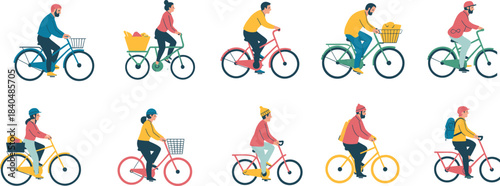 Diverse bicycle riders in colorful outfits with baskets and backpacks, urban commuting and lifestyle vector illustration set