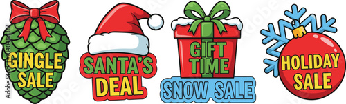 Festive holiday sale icons with Santa hat, gift box, pinecone, ornament, snowflake, colorful Christmas discount vector illustration set