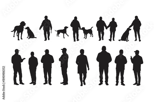 People and Dog Walking Silhouette Vector Icon Set with Man, Woman, Pet Owner, Urban Walk, Casual Poses, Lifestyle Scene and More. Editable Stroke. Vector Illustration on White Background