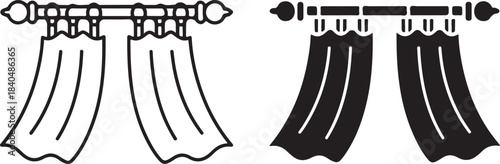 Curtain Rod with Draped Curtains Outline and Solid Black Silhouette Vector Icons drapes
