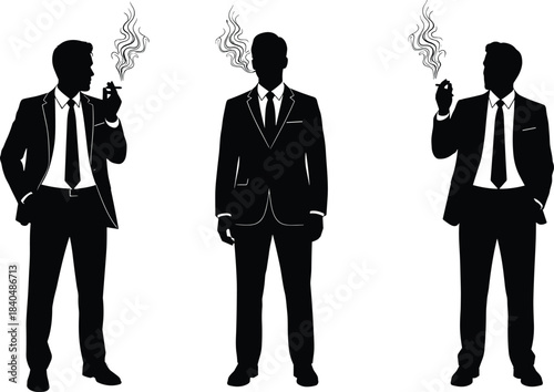 Collection of six black silhouettes of men sitting, standing, and kneeling with heads in hands, symbolizing stress, grief, depression, and mental health issues vector illustration elements.