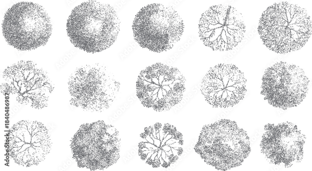 Fototapeta premium Fifteen grey abstract textured circular shapes resembling tree canopies viewed from above in a grid layout