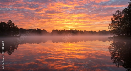 Vibrant Sunrise Over Misty Lake Reflection