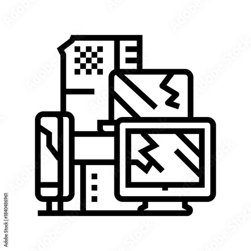 discarded laptops monitors e waste pollution line icon vector illustration