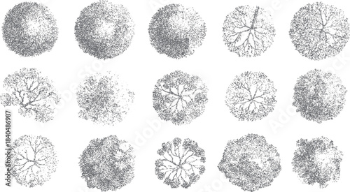 Fifteen grey abstract textured circular shapes resembling tree canopies viewed from above in a grid layout