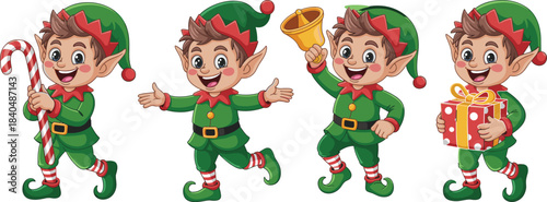 Set of Four Cartoon Christmas Elves in Festive Poses Holding Candy Cane, Gift, Bell, and Presenting Gesture for Holiday Design