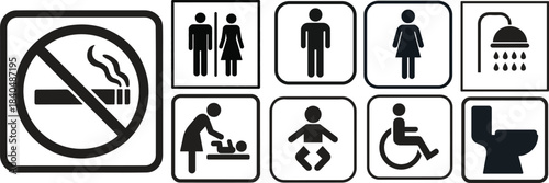 A set of black and white pictogram signs indicating various public facilities including restrooms, smoking prohibition, changing stations, and accessibility.