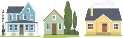 Three residential houses with unique architectural styles, colors, porches, trees, and landscaping elements vector illustration set