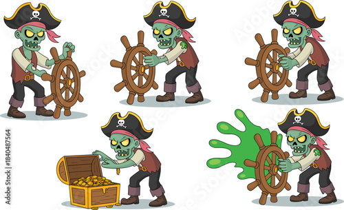 Zombie pirate character in action poses with ship wheel, treasure chest, green slime, cartoon undead sailor vector illustration set