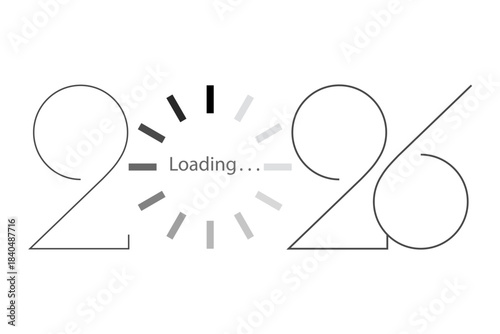 2026 Happy New Year black loading bar. Decorative loading spinning icon. Digital clock. Computer network digits. Vector illustration Isolated graphic technology design on white background