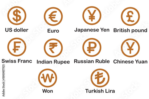 Money, dollar, world currency signs and icons vector bundle set. Money, dollar, and world currency signs and icons vector bundle set featuring global currency symbols in clean, modern styles