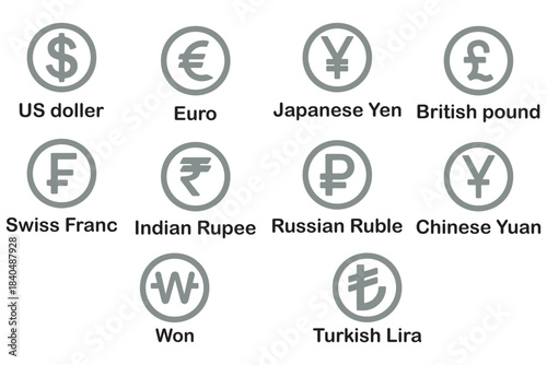 Money, dollar, world currency signs and icons vector bundle set. Money, dollar, and world currency signs and icons vector bundle set featuring global currency symbols in clean, modern styles