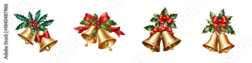 Set of golden bells adorned with red bow and holly green leaves.