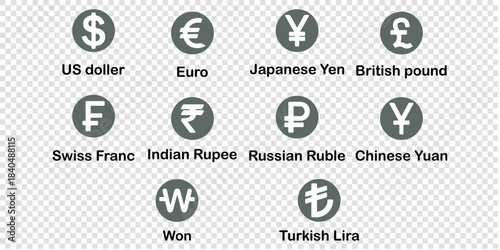 Money, dollar, world currency signs and icons vector bundle set. Money, dollar, and world currency signs and icons vector bundle set featuring global currency symbols in clean, modern styles