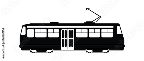 Black silhouette of a modern tram or streetcar with pantograph on white