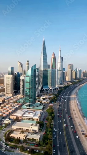 Aerial vertical video of the modern Doha Qatar city skyline and coastline.