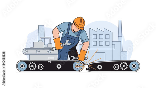 Industrial worker repairing conveyor belt in factory setting visual