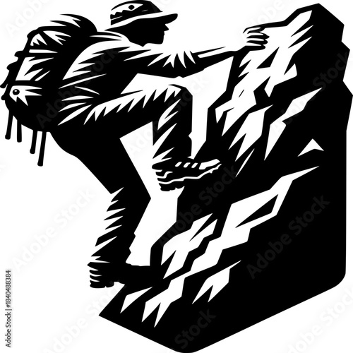 Reaching for Heights: Silhouette of a determined hiker conquering a rugged mountain, symbolizing ambition and overcoming obstacles. 