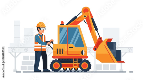 Construction Worker Operating Mini Excavator on Urban Project Site