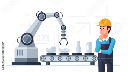 industrial robotic arm system in manufacturing factory workplace with engineer