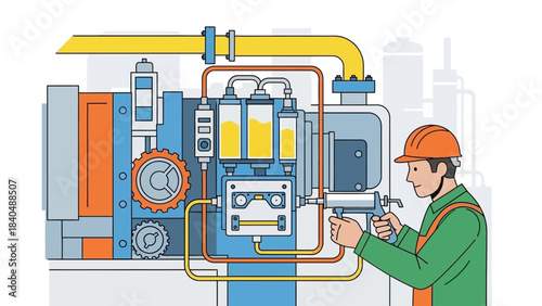 industrial technician inspecting complex machinery with smartphone in