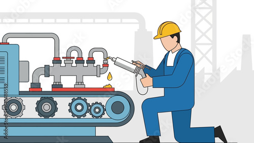 Industrial worker performing maintenance on machinery in factory setting with