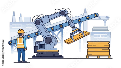 Industrial robotic arm assembly line operation in a modern factory setting