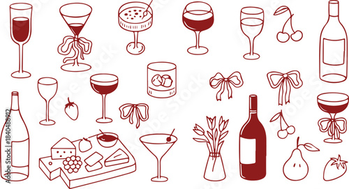 Wine, cocktails, wine glasses and bottles, cheese and fruits hand drawn artwork, vector illustration red vector set art and illustration