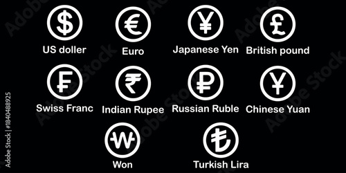 
Set of currency symbols dollar, euro, pound, yen, won, rupee, franc, bitcoin, lira, ruble icon vector. Popular international currency sign isolated on transparent background. Vector illustration