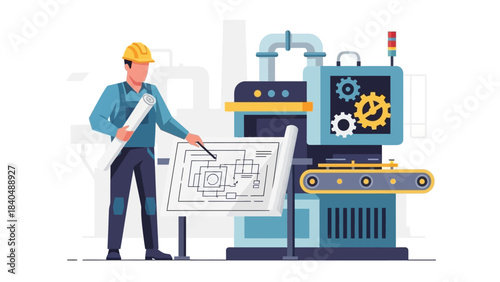 industrial engineer inspecting a blueprint of manufacturing machinery setup in