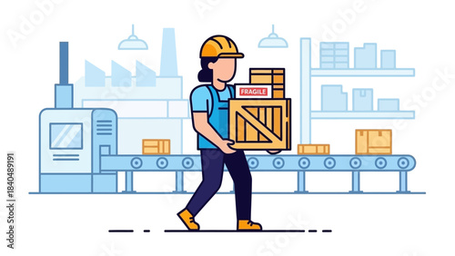 worker in factory warehouse carrying fragile box on assembly line with