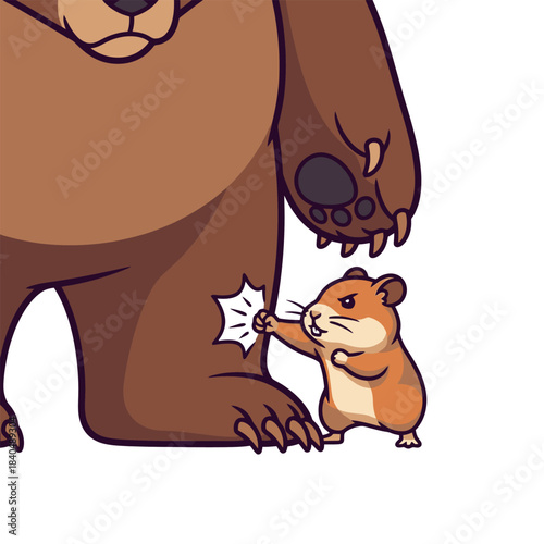 A small brave hamster delivers a powerful punch to the giant bear's body.